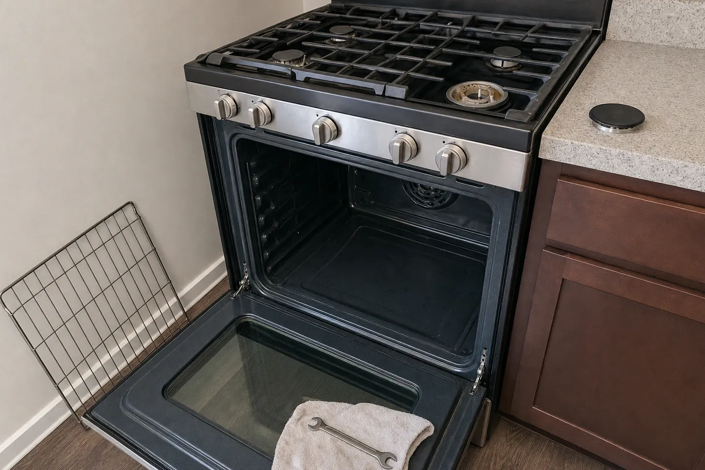 Gas range with the oven door dropped open, the oven rack taken out and stood against the wall, wrench on the door
