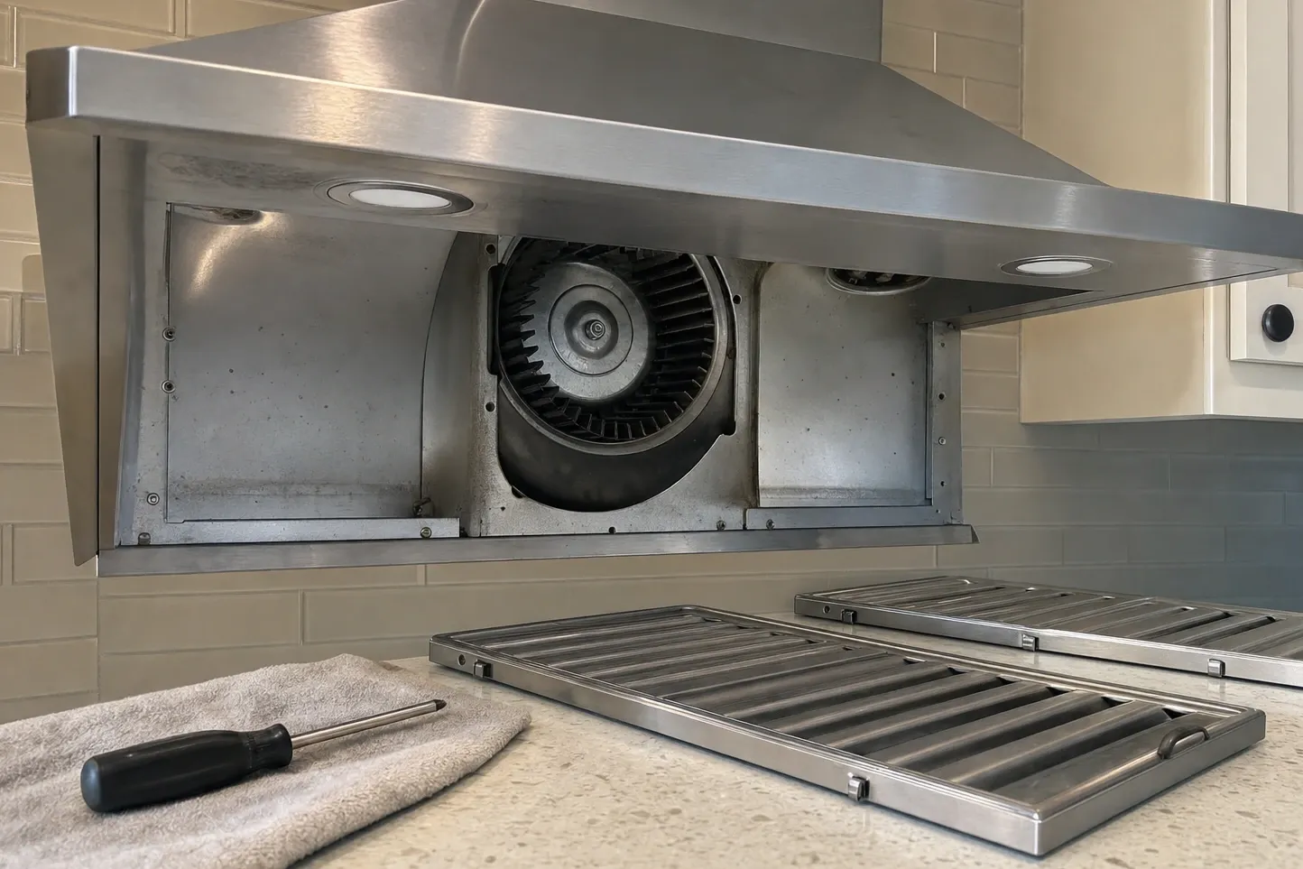 Stainless range hood with its blower panel removed and the blower wheel exposed, two baffle filters on the counter