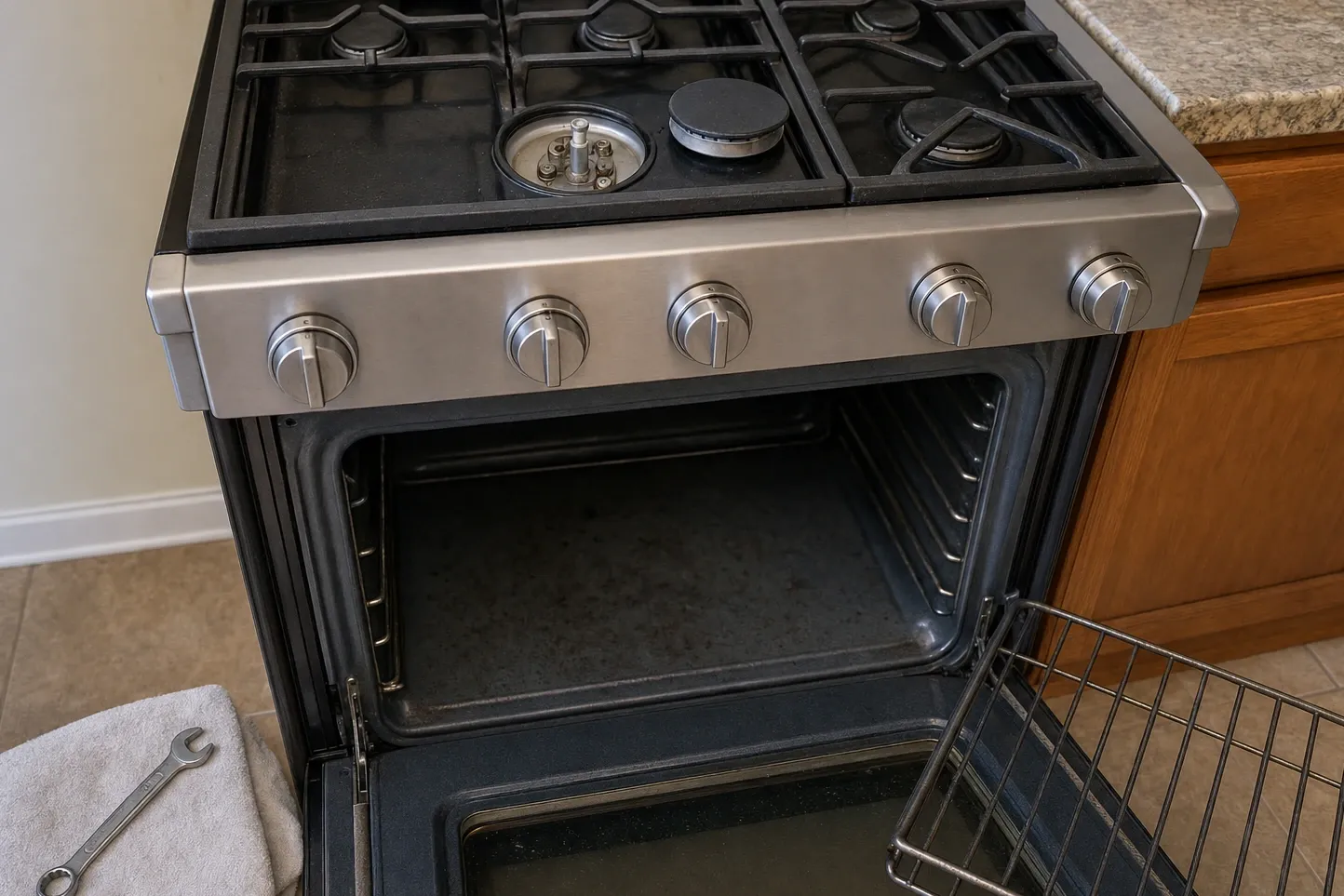 Sealed gas burner with its cap and head removed, exposing the igniter and orifice beside four other burners