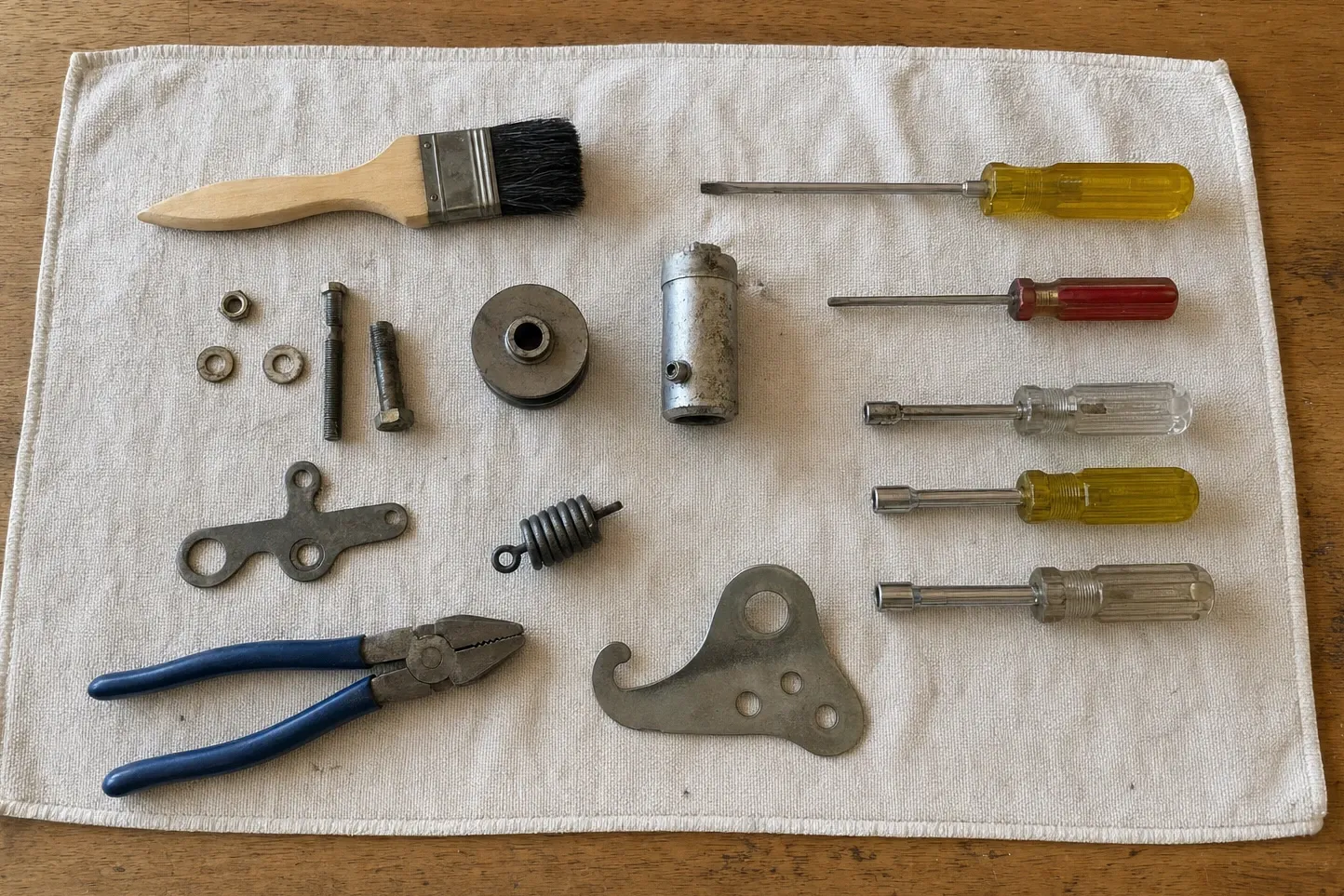 Nut drivers, pliers, a brush, a coil spring, hinge parts and loose bolts laid out on a cloth on a wood table