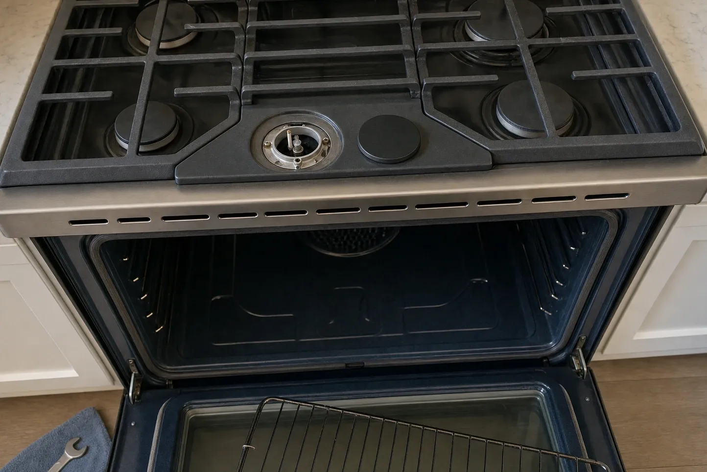 Gas cooktop seen from above with one burner cap removed and the igniter exposed, oven door open below